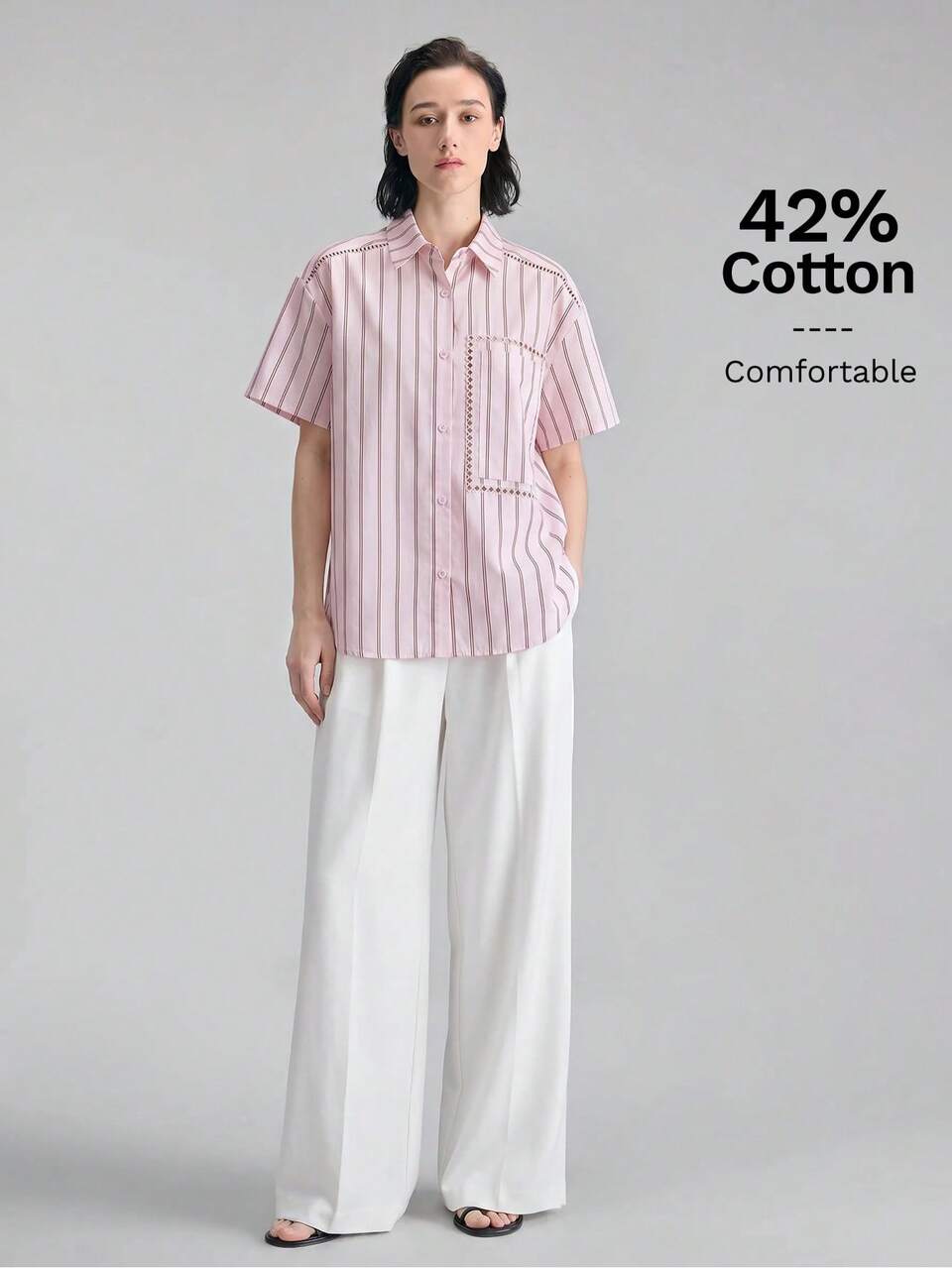 Tencel Fabric Pink Stripe Striped Shirt Lapel Collar Slightly Loose Fit Dropped Shoulder Mid-Sleeve Chest Shoulder Hollow Embroidery Modern Casual