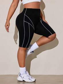 Solea Cove Shorts deportivos de talla grande para mujer con costuras de contraste - Negro - Ver 2