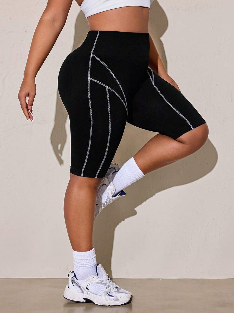 Solea Cove Women's Plus Size Contrast Stitching Athletic Shorts - Black - View 1
