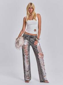 ACID BLVD Jeans Skinny de Cintura Ultra Baja con Estilo Callejero Y2K Hot Girl, Rasgados, Desgastados y Lavados para Primavera/Verano - Negro - Ver 7