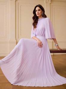 ZEYLAH Gaun Elegan dengan Hiasan Manik-Manik, Pinggang Berkerut, dan Hem Model Payung - Mauve Purple - View 1