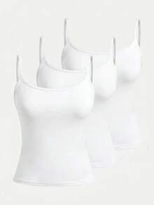 SHEIN Tween女孩純色極簡百搭細肩帶背心上衣，3件組日常穿著套裝 - 白色 - 查看 5