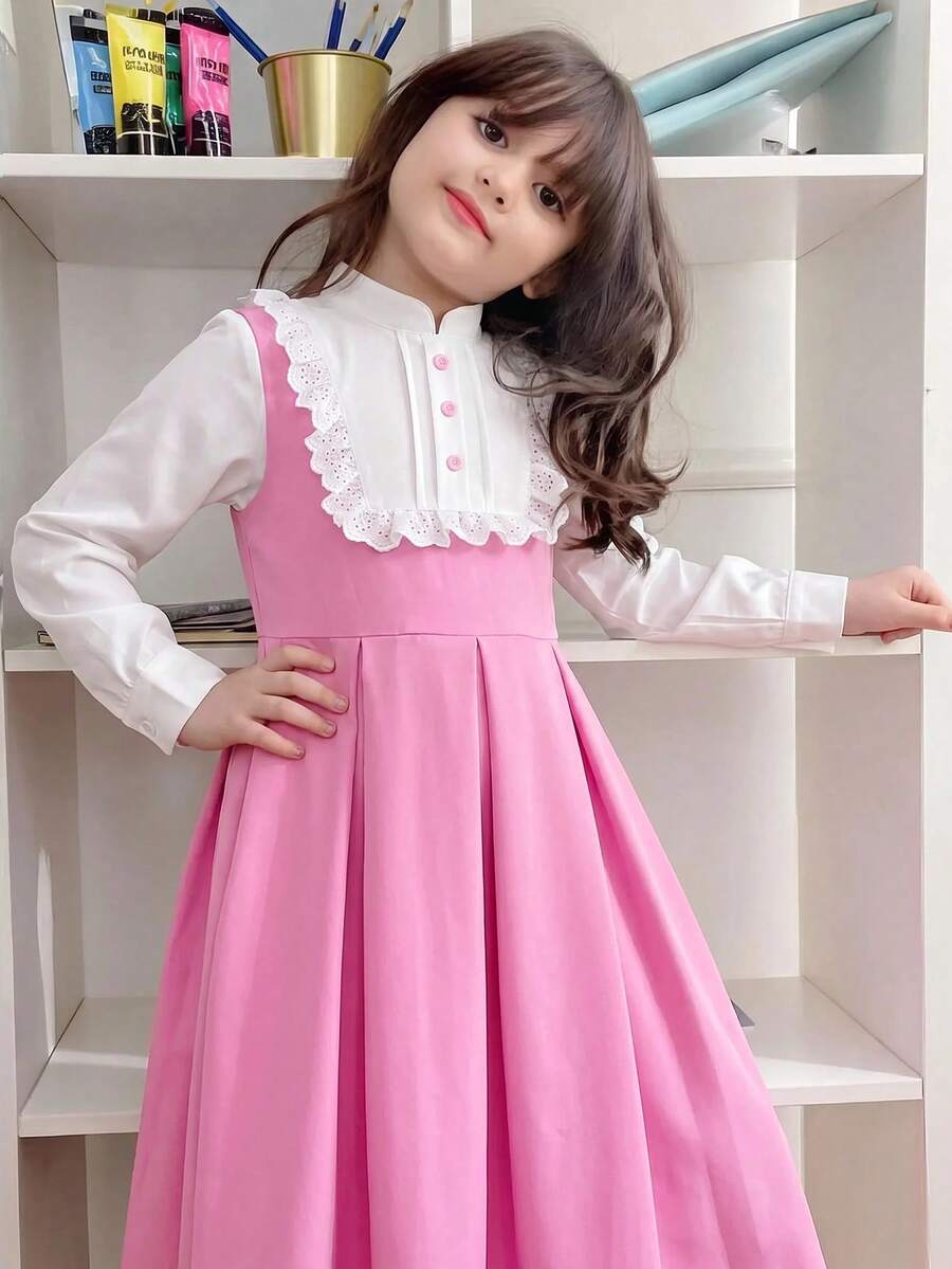 SHEIN 女童拼接荷葉邊鈕扣設計百褶下擺可愛公主裙 開學季 7歲生日 1歲生日 校園穿搭 白色粉色 秋季 - 彩色 - 查看 1
