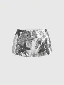 ROMWE Avant Women's Starry Sequin Decorated Ultra Low Waist Mini Shorts, Suitable For Music Festivals, Banquets, Concerts, Parties, Daily Wear And More Occasions - Silver - View 1