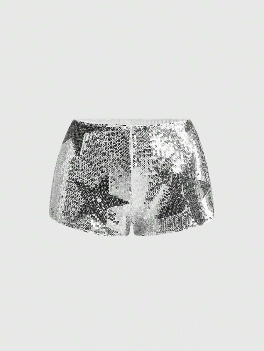 ROMWE Avant Women's Starry Sequin Decorated Ultra Low Waist Mini Shorts, Suitable For Music Festivals, Banquets, Concerts, Parties, Daily Wear And More Occasions - Silver - View 1