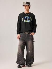 Strevion Men's Casual Batman Logo Print Crew Neck Long Sleeve Sweatshirt, Spring/Autumn - Black - View 7