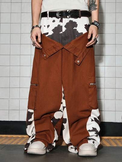 ROMWE MEN Street Life Men's Patchwork Animal Print Denim Jeans