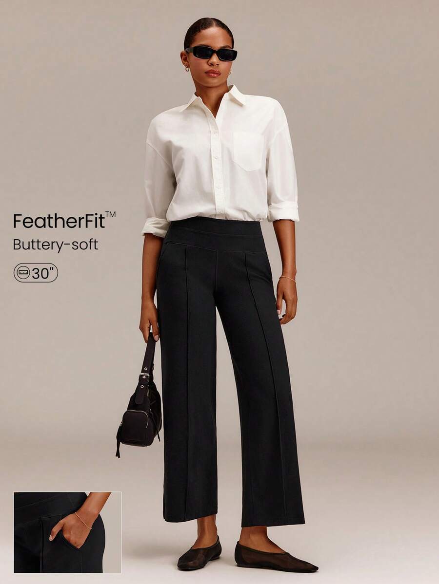 GLOWMODE FeatherFit™ Work It 寬腿工作褲，前縫線設計與側口袋，適合瑜伽、皮拉提斯、工作室、日常休閒 - 黑色 - 查看 1