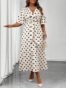 Auvina Plus Size Women's Elegant Daily Wear V-Neck Ruffle Short Sleeve Tie-Waist A-Line Maxi Dress - Multicolor - View 3