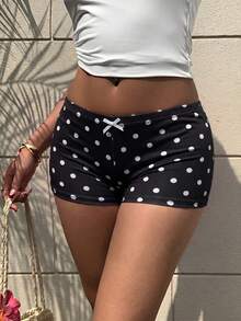 Aloruh 女款波點蝴蝶結裝飾休閒百搭日常穿著短褲 - 黑與白 - 查看 4