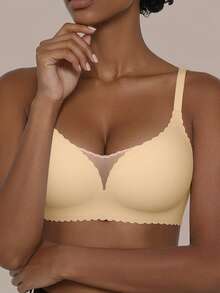 SHEIN Casual-Comfy 1pc Seamless Mesh Patchwork Solid Color Wavy Edge Adjustable Non-Wired Removable Padding Women's Bra - Khaki - View 5