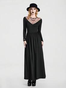 Breakform Vestido punk casual de cuello redondo con patrón de malla en contraste - Negro - Ver 6