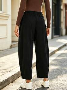 SHEIN LUNE Women's Autumn/Winter New Vintage Black Corduroy Carrot Pants, Elastic Waist Split Patchwork Loose Hip-Covering Slimming Ankle-Length Harem Casual Pants - Black - View 2