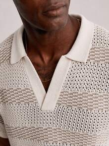 AKNOTIC Camiseta de punto de manga corta con bloques de color y rayas para hombre - Albaricoque - Ver 2