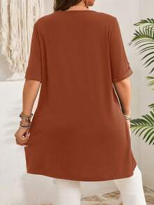 EMERY ROSE Plus Size Women's Early Spring Short Sleeve Long Length Army Green T-Shirt - Rust Brown - View 2