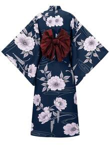 Irokai 日式傳統夏季女款兩件式浴衣和服，花卉印花（不含腰帶） - 紫色 - 查看 2
