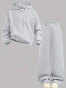 SHEIN 兒童青少年女孩休閒運動純色拉鍊連帽衛衣褲套裝 機場度假風 淺灰色 秋季 - 灰色 - 查看 2