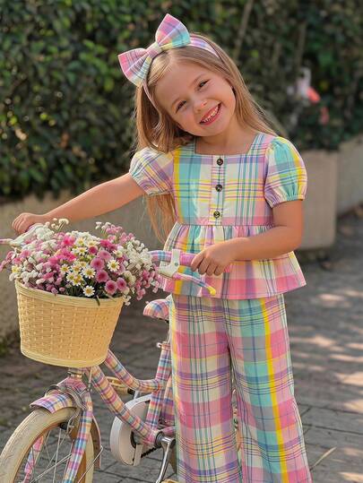 Emery Rose Kids Emery Rose Kids Young Girls 2pcs Woven Plaid Square Collar Casual Shirt & Long Pants Set, Cute Casual Plaid Set Back To School With Comfortable Set