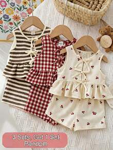 Conjunto de 2 piezas de top de tirantes de cuello redondo a rayas de punto y pantalones cortos para bebé niña - Marrón Mocha - Ver 1