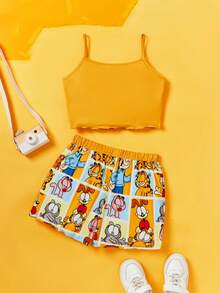 GARFIELD | SHEIN 青少年女孩夏季休閒卡通印花萵苣邊背心上衣和短褲睡衣套裝 - 黃色 - 查看 2