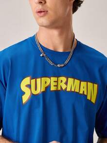 Strevion SUPERMAN 男士休闲百搭简约超人图案印花圆领短袖T恤 - 藍色 - 查看 7