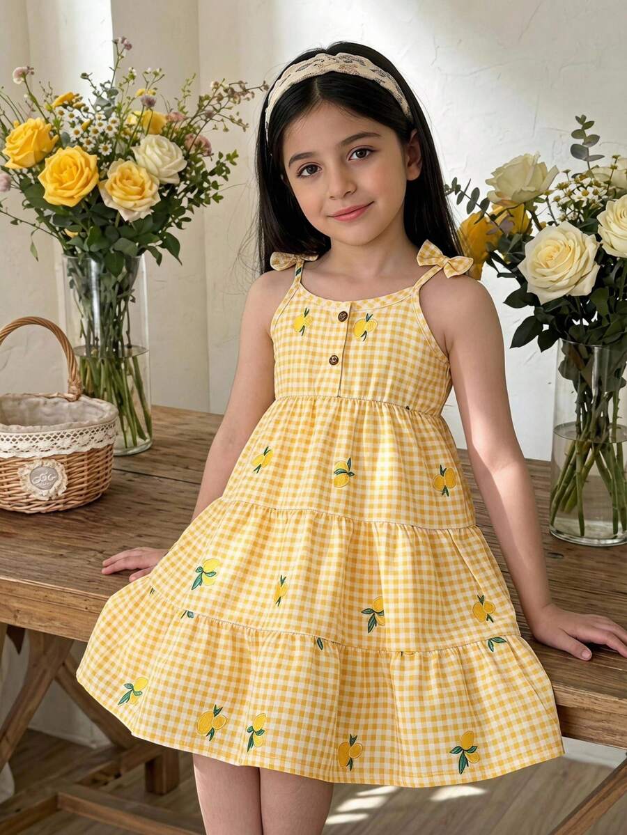 SHEIN Elladie kids 女童休閒黃色檸檬格紋印花蝴蝶結肩帶蛋糕裙,幼童夏季洋裝,可愛休閒舒適甜美優雅套裝,適合日常上學、出遊、度假、派對、海灘玩耍、假日春夏季穿著,柔軟面料 - 黃色 - 查看 1
