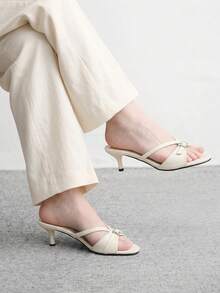 CUCCOO BIZCHIC French Style Elegant Commuter Comfortable Versatile Short Heel Round Toe Button Kitten And Lady Open Toe Cold Slippers - Cream White - View 4