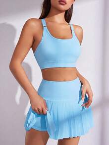 Dewbera Dewbera 女款純色短版上衣與高腰裙褲休閒日常兩件套 - 藍色 - 查看 4