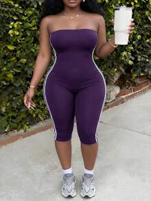 Slaydiva Plus Size Striped Colorblock Sexy Tube Top Jumpsuit Capri Pants Y2K Street Sweet Style - Purple - View 5