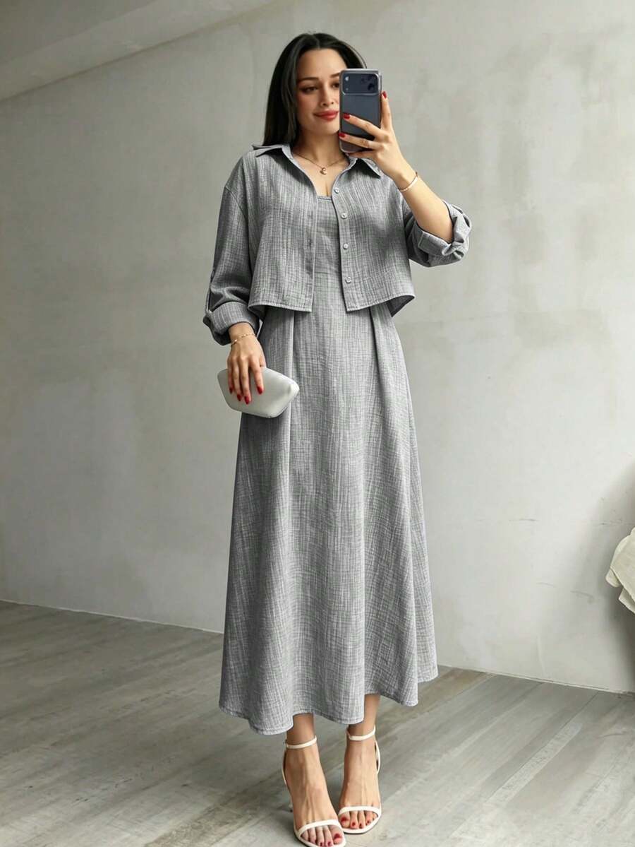 Modelyn Lapel Jacket & Spaghetti Strap Ruched Waist Dress, Blue And White Textured Two Pieces Set - Grey - View 1