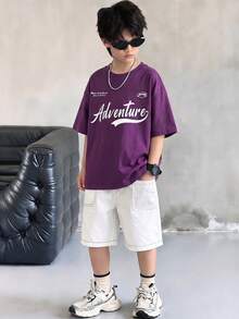 青少年男孩2件套，紫色短袖字母印花T恤與白色口袋短褲，韓系極簡街頭風，夏季城市度假休閒穿搭 - 紫色 - 查看 4