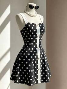 SHEIN Clasi Women's Black White Polka Dot Colorblock Casual Retro Elegant Party Brunch Short Dress Summer - Black and White - View 4