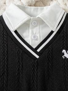 SHEIN 男嬰 2合1 騎士圖案長袖休閒連身衣 - 黑色 - 查看 5