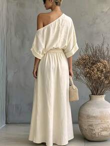 SHEIN Women's Asymmetric Neck Umbrella Hem Long Dress, Suitable For Occasions, Vacation, Home, Date, Beach - Beige - View 2