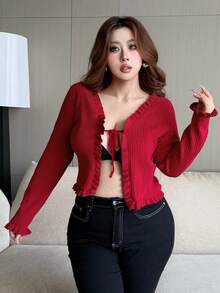 Dazy Plus V-Neck Tie-Front Fitted Sexy Red New Year Christmas Long Sleeve Cardigan Sweater, Spring/Autumn - Red - View 6