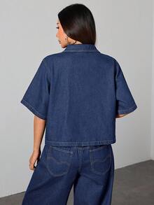 SHEIN 青少年女孩短袖單排扣工裝口袋牛仔夾克 - 深色水洗藍 - 查看 2