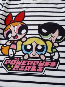 THE POWERPUFF GIRLS X SHEIN 青少年女孩條紋卡通印花T恤 - 白色 - 查看 4