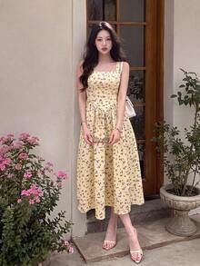 Skyraze Elegant Cottage Tropical A-Line Sleeveless Midi Dress With Ditsy Floral Pattern For Women, Picnic Tea Party Vacation, Banquet, Summer - Apricot - View 1