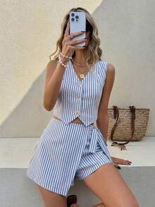 Serisse Women's Casual Vest And Shorts Set, Striped Set, Commuting, Daily, Summer Clothing, Street Style, Suitable For Daily Commuting, Dating, Gathering, Autumn/Winter, Summer, Party, Wedding, Beach, Graduation Ceremony, Elegant, Casual, Outing, Y2K, Music Festival Outfit, Holiday Clothing, Back To School Outfit - Multicolor - View 6