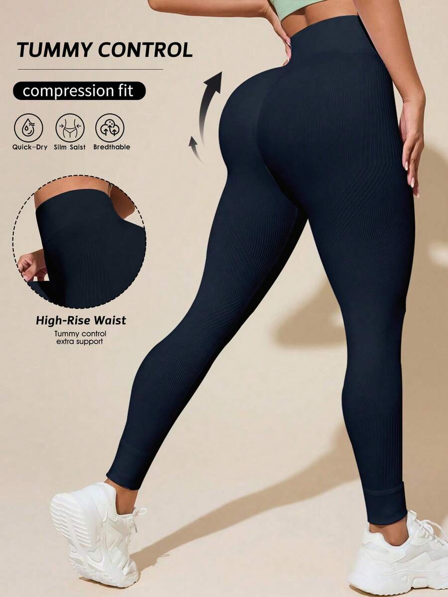 Gameset SHEIN Sport 女款純色高腰日常健身運動緊身褲 - 黑色 - 查看 1