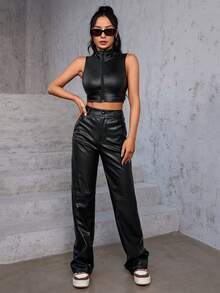 SHEIN ICON Zip Up Crop PU Tank Top - Black - View 6