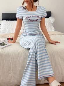 Napfluff Letter Print Blue & White Striped Casual Pajama Set, Comfortable Home Short Sleeve 2 Pieces Set - Blue - View 5