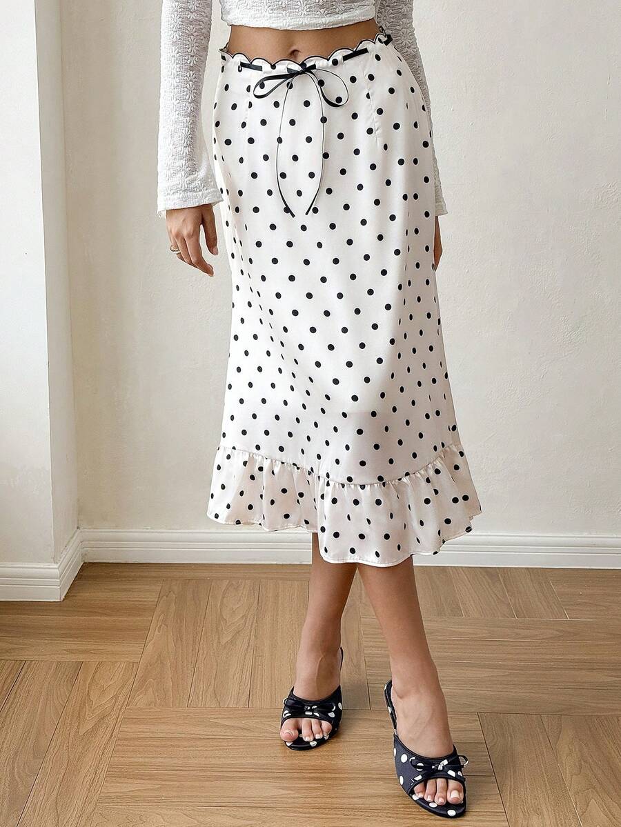 Cévolie Damen französischer Vintage Satin Polka Dot Meerjungfrau Rock, hohe Taille schlankmachend Hüftbedeckend mittellang eleganter figurbetonter Rock mit Rüschensaum - Aprikosenfarben - Übersicht 1