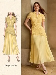 MOTF PREMIUM WOMEN'S AUTUMN/WINTER LACE EMBROIDERED HEM CHIFFON PLEATED PATCHWORK WAIST-CINCHING DRESS - Light Yellow - View 8