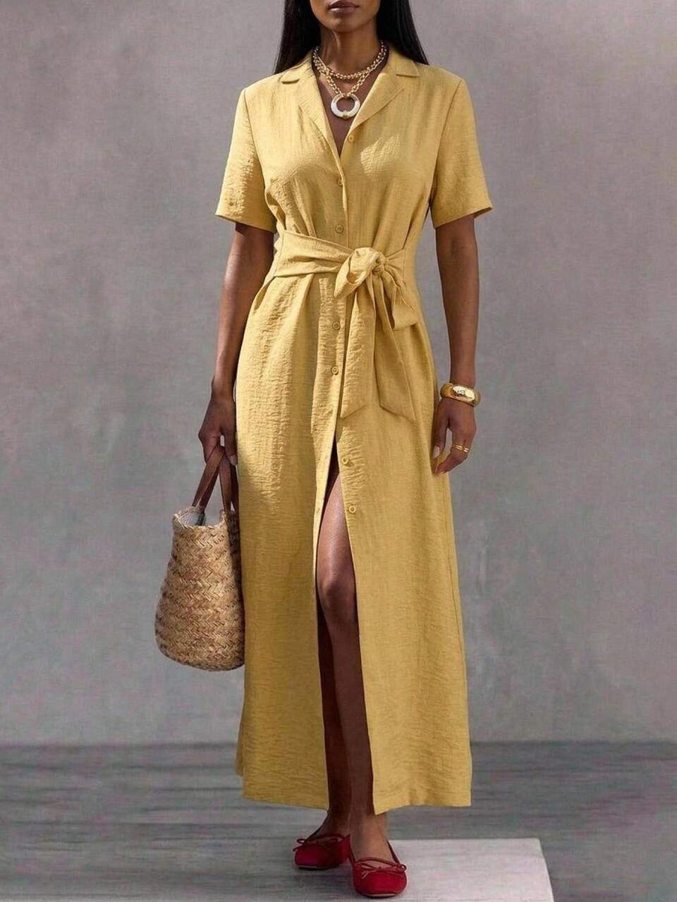 Summer French Vintage Side Tie Long Button Short Sleeve Shirt Dress, Slimming Waist-Cinched Midi Dress For Women
