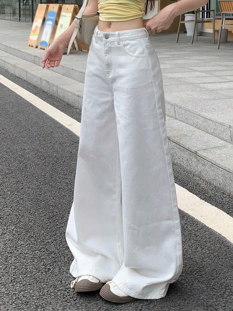 DAZY Tween Girl Casual Versatile Solid Color Wide Leg Denim Jeans - White - View 1