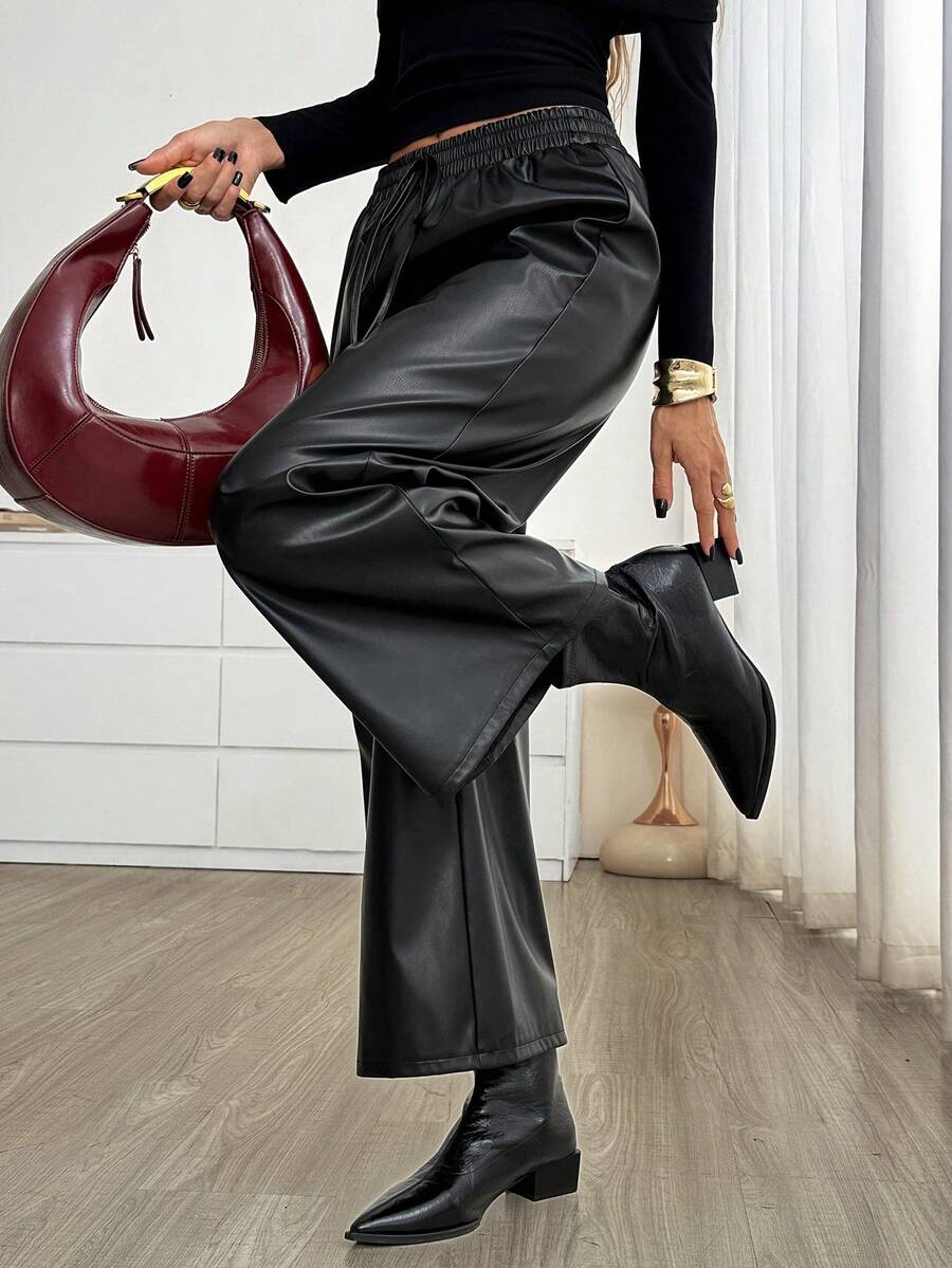 Easowa Women's Fashion Commute Solid Color Wide Leg Long Pants - Black - View 1