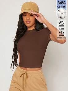 SHEIN BASICS 女款純色休閒圓領短袖短版T恤上衣 白色上衣 - 咖啡棕 - 查看 8