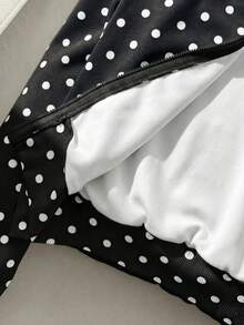 SHEIN 青少年女孩秋冬新款針織波點圖案寬鬆休閒極簡舒適日常街頭風連帽寬鬆版型口袋前開襟拉鍊短款長袖衛衣外套白色返校穿搭 - 黑色 - 查看 7