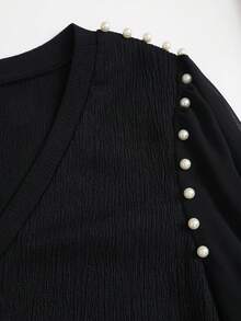 GlowEve Autumn Elegant Pearl Decor Chiffon Patchwork V-Neck Button-Down Lantern Long Sleeve Women's T-Shirt - Black - View 7